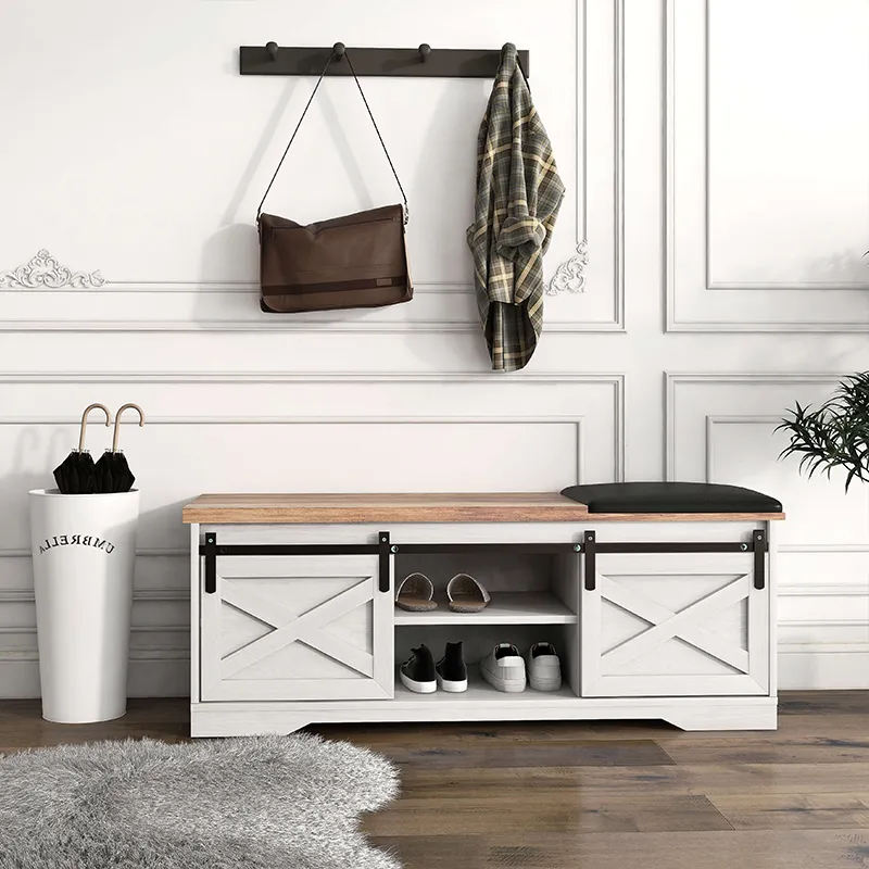 47" Modern Farmhouse Sliding Shoe Bench with Entry Cutout, Barn Door