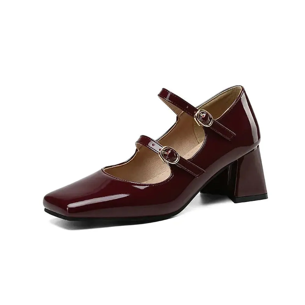 Merendy Kinfot Round Toe High Chunky Heeled Platform Mary Jane Burgundy Pumps