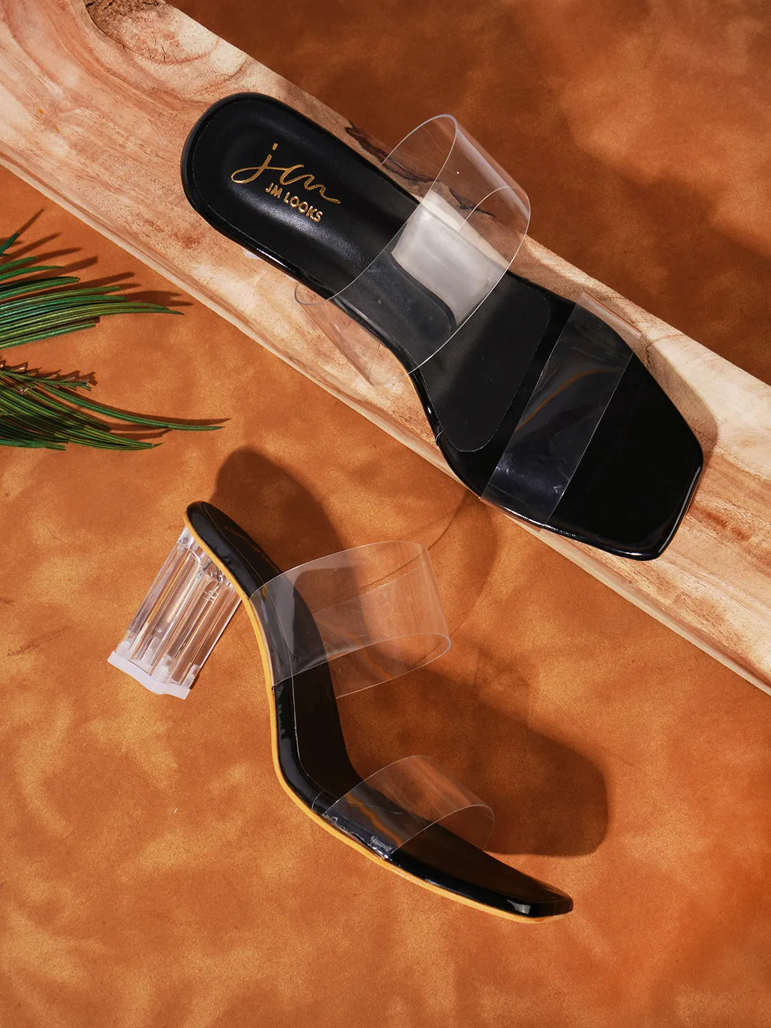Transparent strap vinyl heels
