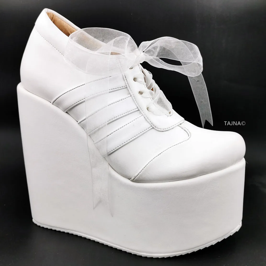 White Lace Up Sport Style Wedge Shoes