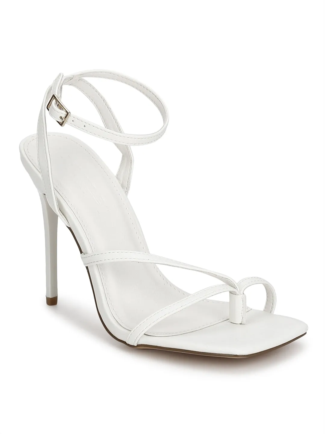 White Pu Ankle Strapped Stiletoes
