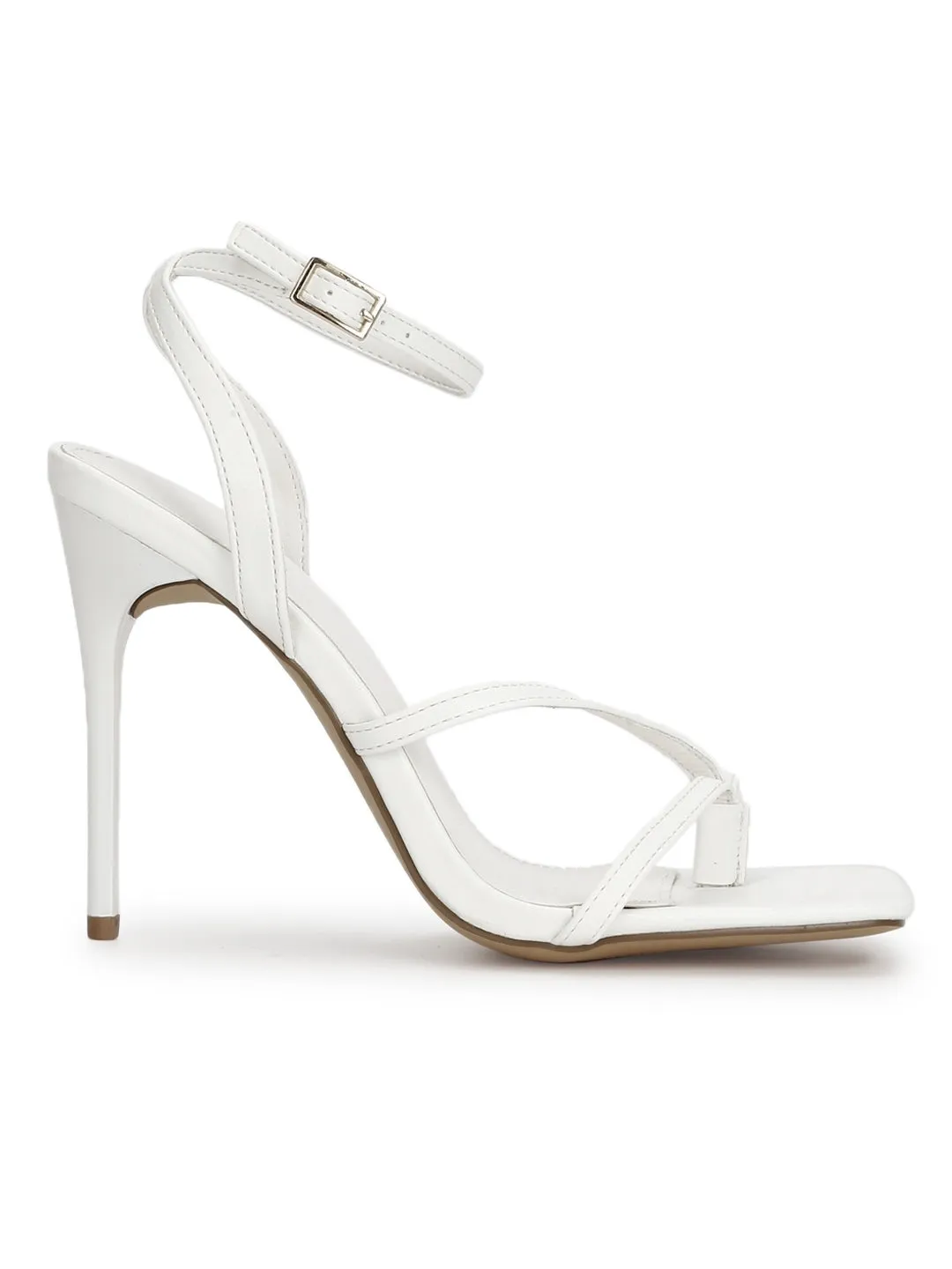 White Pu Ankle Strapped Stiletoes